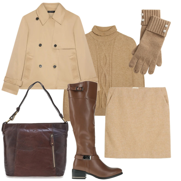 Outfit donna - Total look beige. Stile Casual chic per Tutti i giorni. Abbinamento con gonne, stivali, maglieria, guanti, trench, borse a spalla.