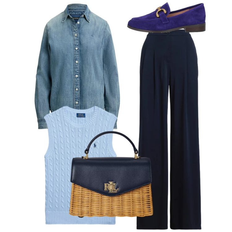 Outfit donna - Total look. Stile Casual per Tutti i giorni. Abbinamento con mocassini, pantaloni, borse a mano, camicie, maglieria.