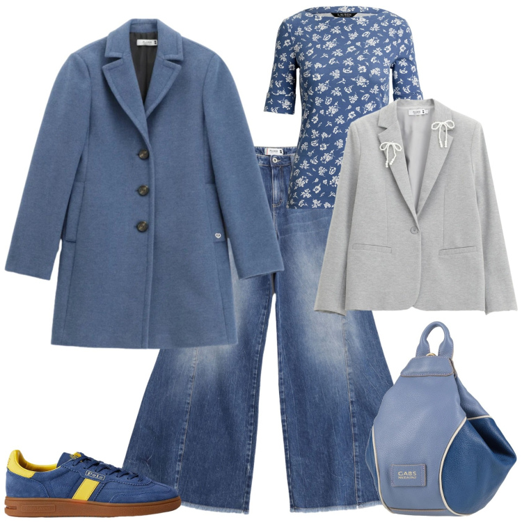 Outfit donna - Trendy ufficio tempo libero. Stile Trendy per Ufficio. Abbinamento con zaini, blazer, jeans a zampa, cappotti, sneakers, t-shirt.