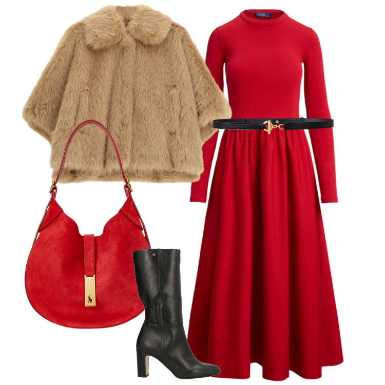 Outfit donna - Total charme. Stile Chic per Serata fuori. Abbinamento con stivali, blazer, cinture, borse a spalla, vestiti.