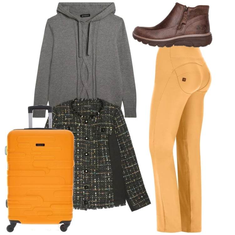 Outfit donna - Total look. Stile Trendy per Tutti i giorni. Abbinamento con pantaloni, maglieria, stivaletti, valigie, blazer.