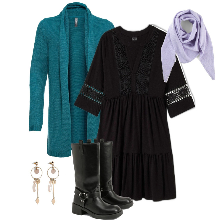 Outfit femme - Robe bohème. Style Boho pour Tous les jours. Assortir avec robes, pulls, boucles d'oreilles, foulards, bottes.