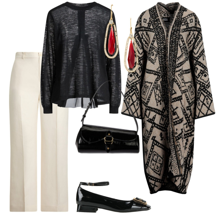 Outfit donna - Cena fuori. per Serata fuori. Abbinamento con ballerine, cardigans, pullovers, borse a spalla, orecchini, pantaloni.