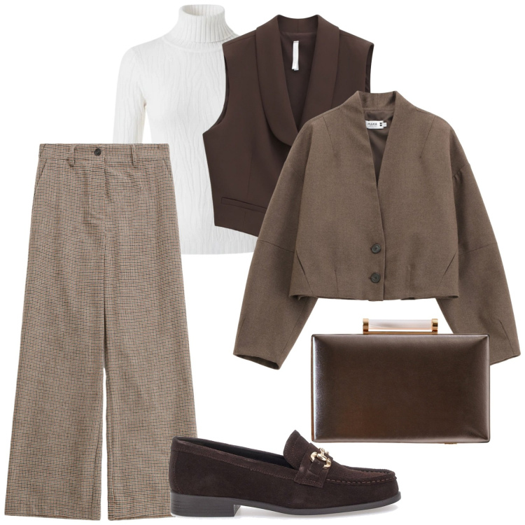 Outfit donna - Pantaloni e gilet. per Serata fuori. Abbinamento con blazer, pantaloni a palazzo, gilet, clutch, maglieria, mocassini.