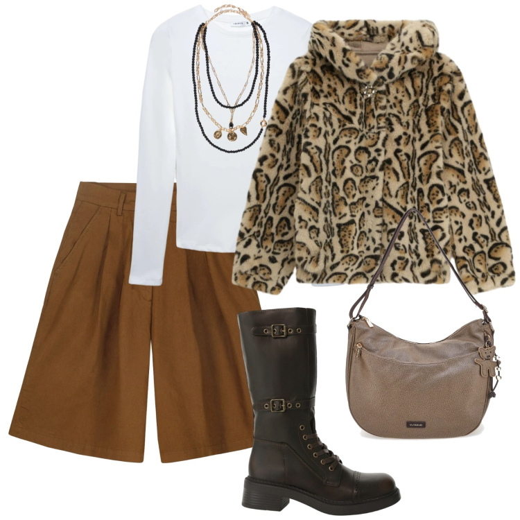 Outfit donna - A lavoro. per Scuola/Università. Abbinamento con t-shirt, stivali, ecopellicce, bermuda, collane, borse a spalla.