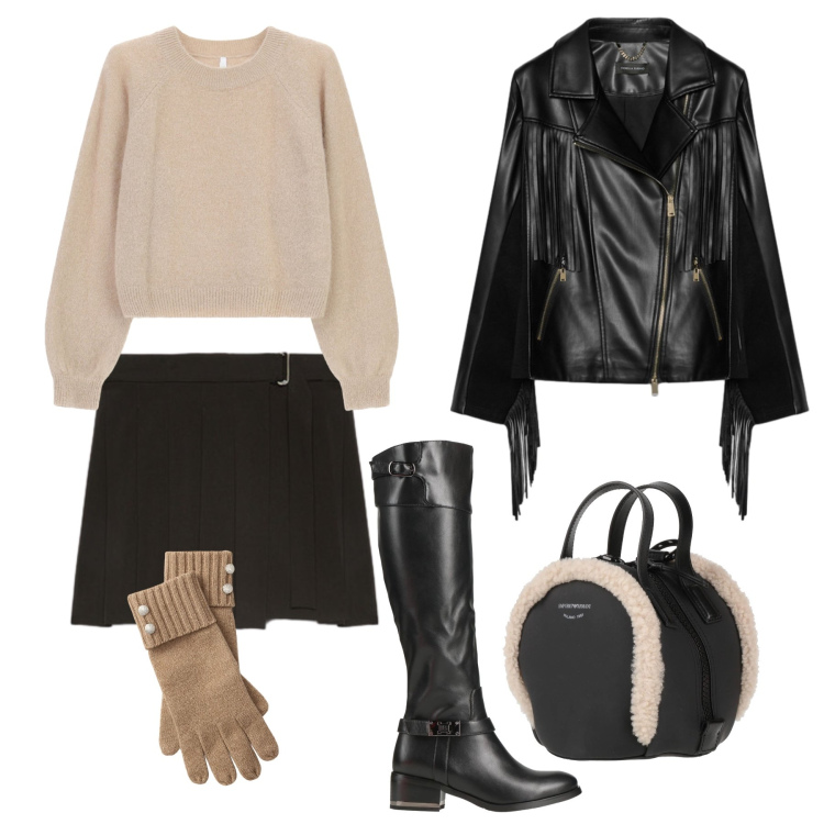 Outfit donna - Mini e stivali alti. Stile Trendy per Tutti i giorni. Abbinamento con stivali, zaini, maglieria, guanti, minigonne, giacche.