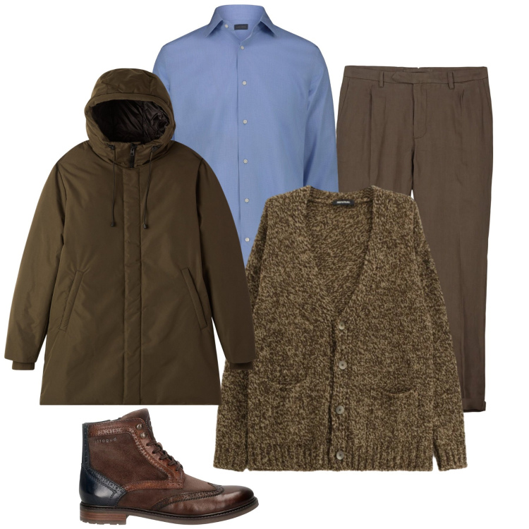 Outfit uomo - Il Cardigan Heritage. Stile Urban per Tutti i giorni. Abbinamento con parka, cardigans, pantaloni, camicie, anfibi.