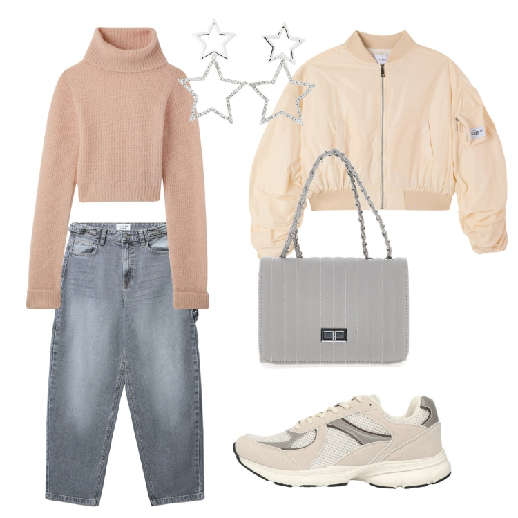 Outfit donna - Gennaio easy. Stile Basic per Tutti i giorni. Abbinamento con jeans, sneakers, maglieria, bomber, orecchini, borse a tracolla.