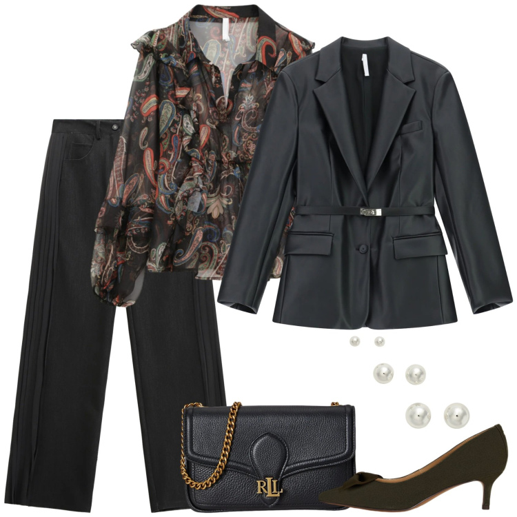 Outfit donna - Riunione di lunedì. Stile Casual chic per Ufficio. Abbinamento con blazer, camicie, jeans, orecchini, décolleté, clutch.