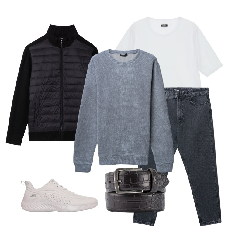 Outfit uomo - Urban Essential. Stile Urban per Tutti i giorni. Abbinamento con jeans strappati, maglieria, piumini, t-shirt, cinture, sneakers.