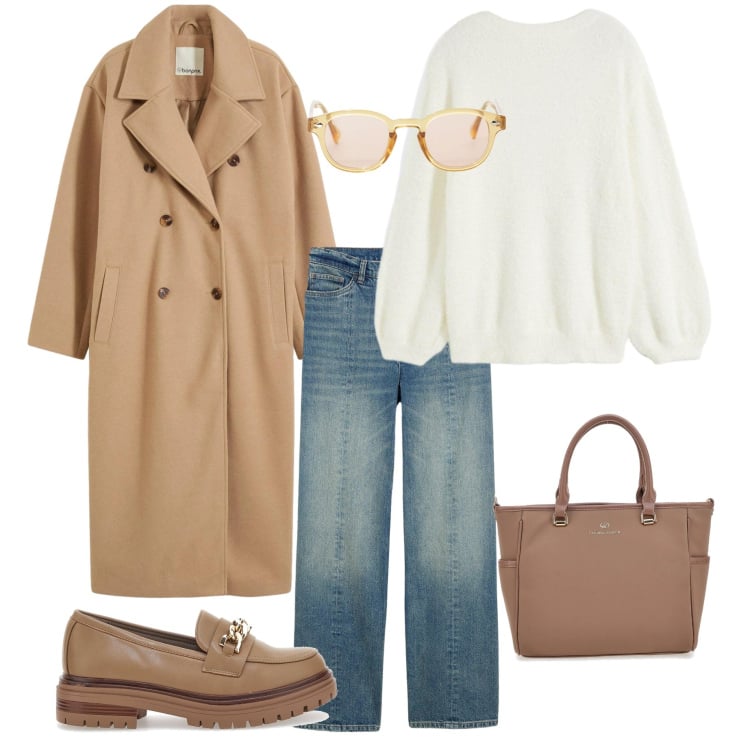 Outfit donna - Capi essenziali e comodi. Stile Minimal per Ufficio. Abbinamento con maglieria, jeans dritti, cappotti, occhiali da sole, mocassini, borse a tracolla.