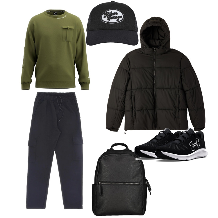 Outfit uomo - Urban relax. Stile Urban per Tutti i giorni. Abbinamento con cappelli, bomber, pantaloni cargo, borse sportive, sneakers, felpe.