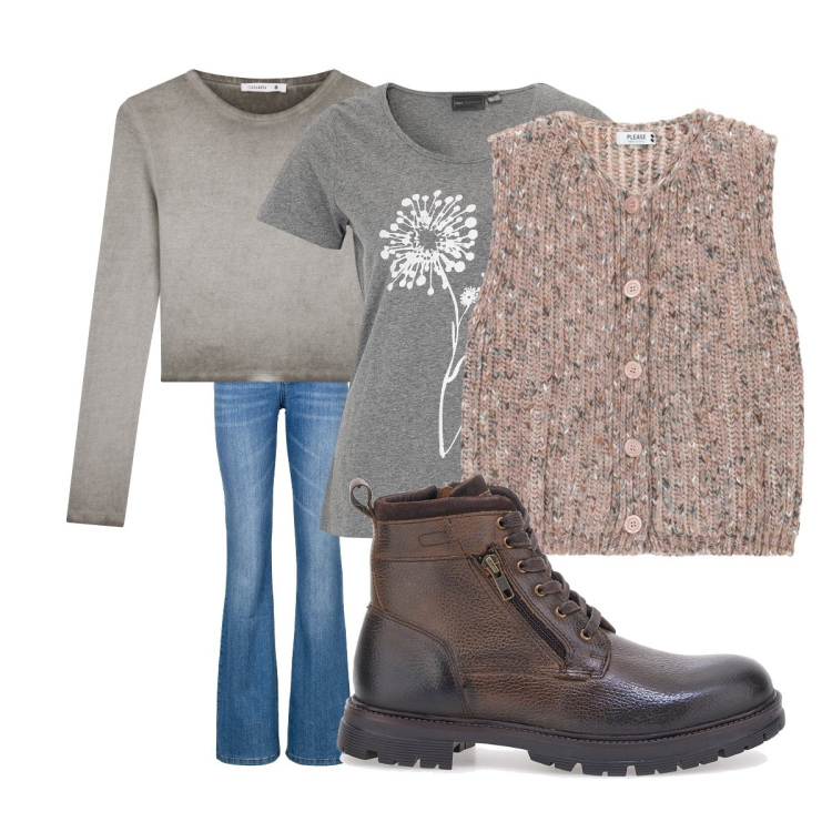 Outfit donna - Casual e confortevole. Stile Casual per Tutti i giorni. Abbinamento con jeans bootcut, t-shirt, t-shirt, gilet, anfibi.