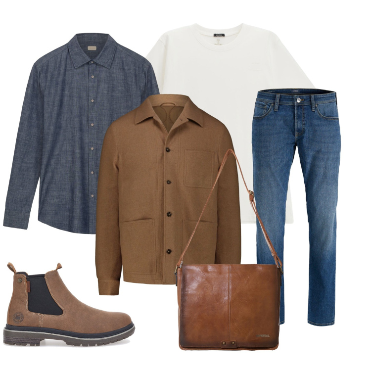 Outfit uomo - Urban Layers for the Cold. Stile Urban per Tutti i giorni. Abbinamento con jeans, t-shirt, borse sportive, cappotti, stivali e stivaletti, camicie.