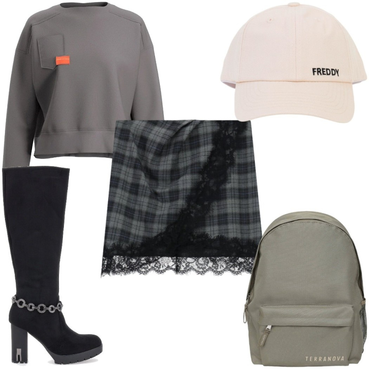 Outfit donna - Passeggiata con gli stivali: sporty chic. Stile Sporty chic per Tutti i giorni. Abbinamento con zaini, minigonne, cappelli con visiera, stivali, felpe.