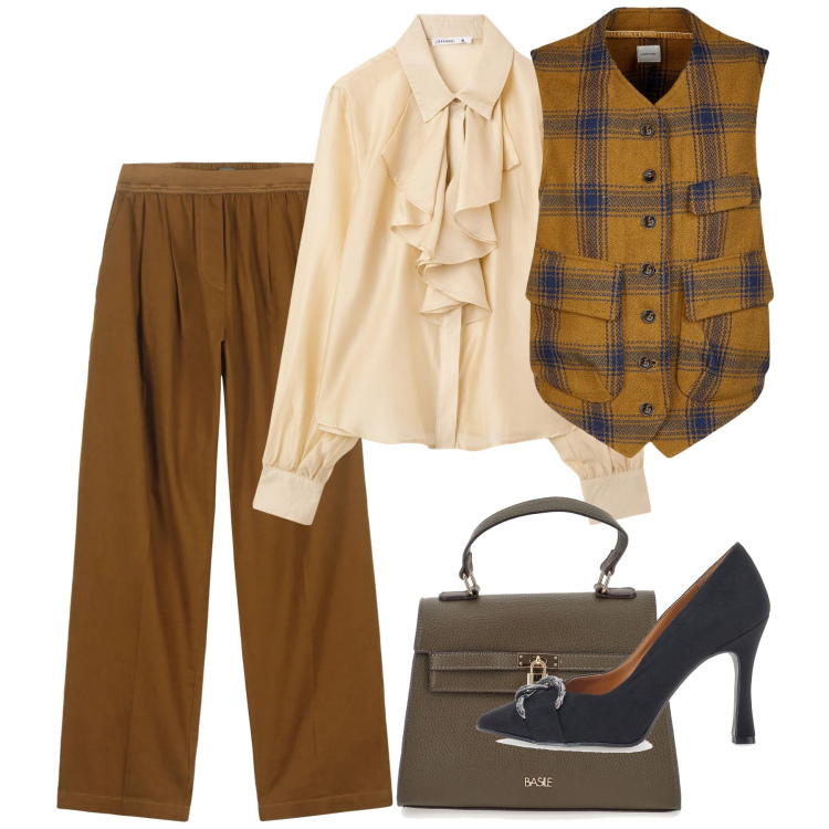 Outfit donna - Gennaio. Stile Chic per Tutti i giorni. Abbinamento con camicie, pantaloni, gilet, décolleté, borse a mano.
