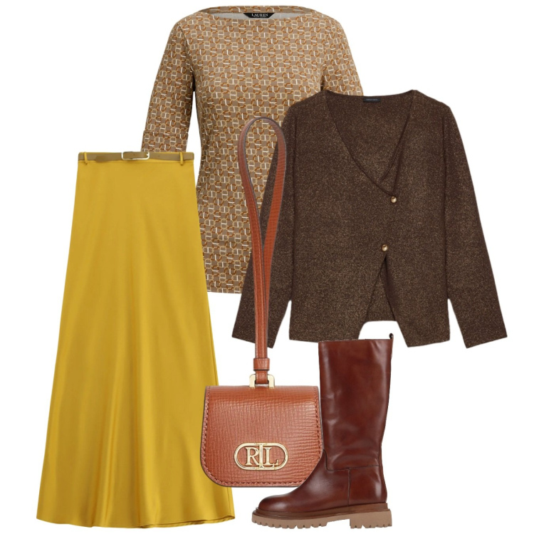 Outfit donna - Gennaio. Stile Bon Ton per Ufficio. Abbinamento con stivali, gonne lunghe, pochette, t-shirt, cardigans.