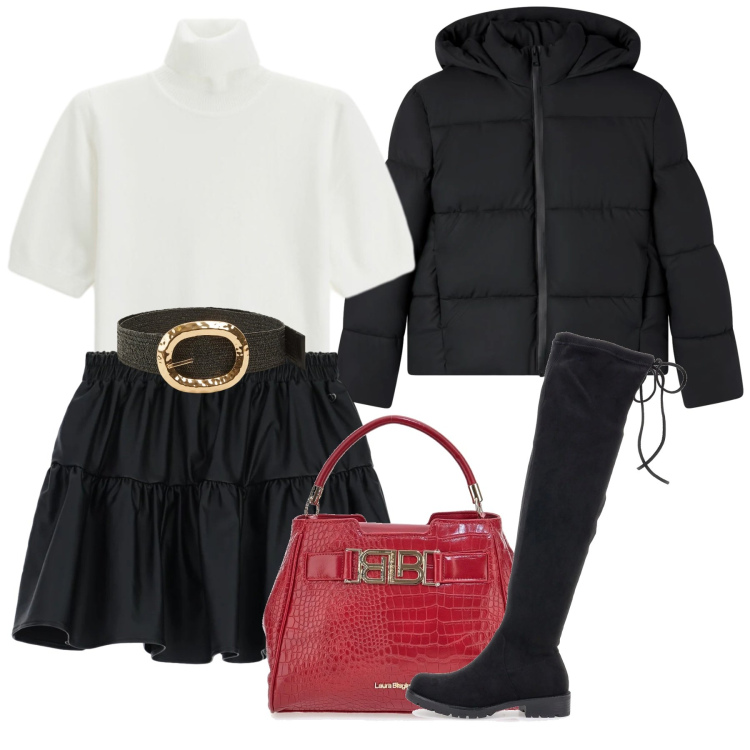 Outfit donna - Gennaio mini rouches. Stile Chic per Serata fuori. Abbinamento con cinture, bomber, minigonne, maglieria, stivali sopra il ginocchio, borse a mano.