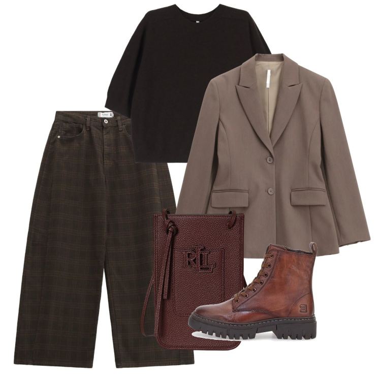 Outfit donna - Gennaio. Stile Casual per Tutti i giorni. Abbinamento con pantaloni, blazer, maglieria, borse a tracolla, anfibi.