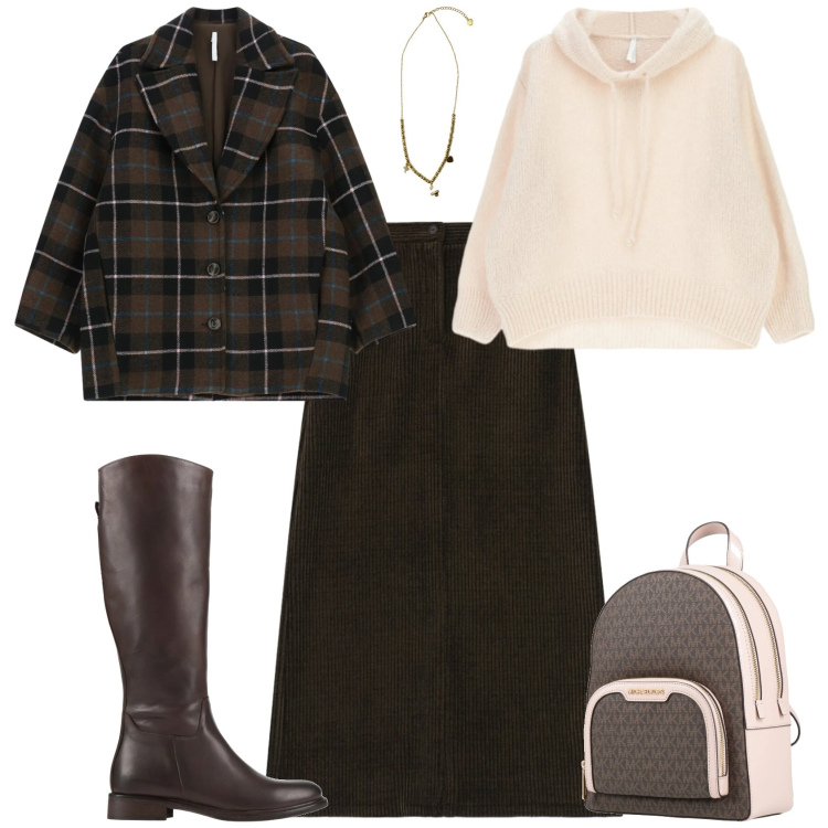 Outfit donna - Casual chic ogni giorno. Stile Casual chic per Tutti i giorni. Abbinamento con zaini, stivali, cappotti, gonne lunghe, maglieria, ciondoli.