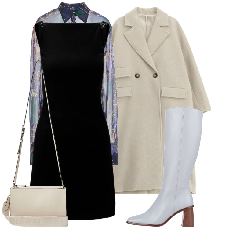 Outfit donna - Gennaio chic. Stile Chic per Tutti i giorni. Abbinamento con camicie, stivali, cappotti, borse a tracolla, vestiti senza maniche.