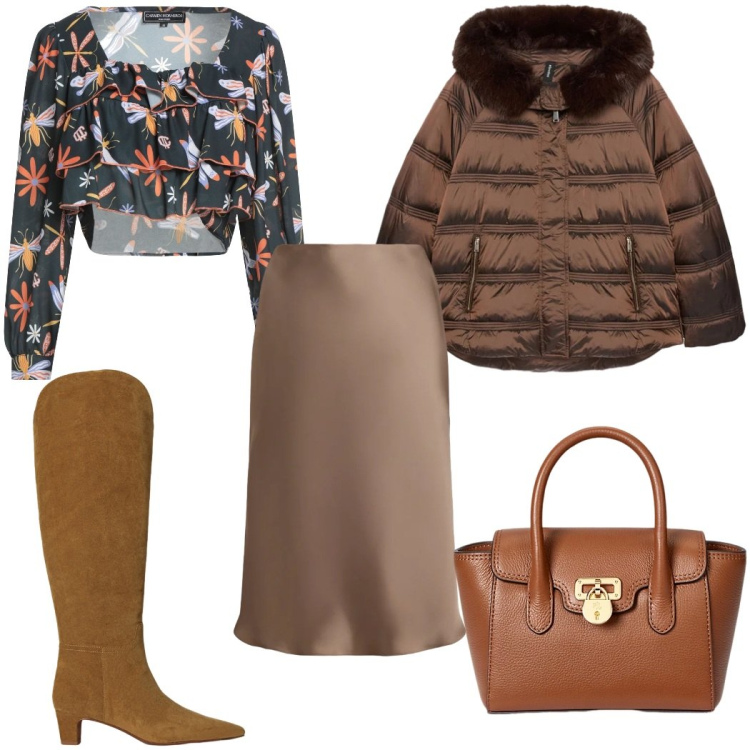 Outfit donna - Passeggiata con gli stivali : glamour. Stile Glamour per Tutti i giorni. Abbinamento con top, borse a mano, gonne, stivali, piumini.