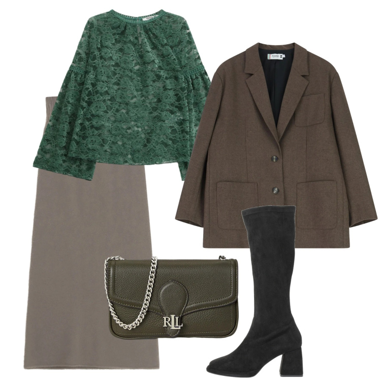 Outfit donna - Gennaio smeraldo. Stile Chic per Serata fuori. Abbinamento con stivali, top, blazer, gonne lunghe, clutch.