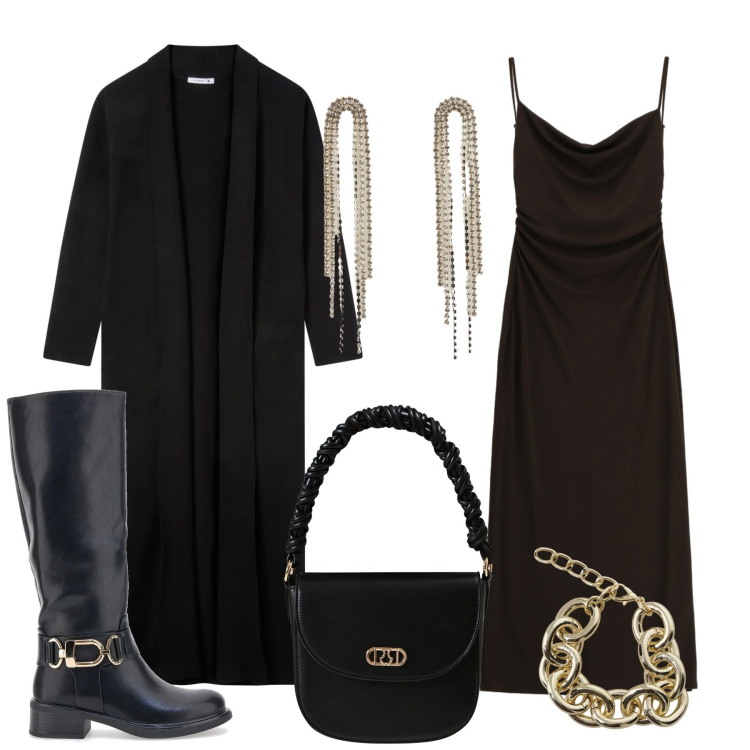 Outfit donna - Comoda e femminile. Stile Casual chic per Tutti i giorni. Abbinamento con cardigans, orecchini, vestiti, braccialetti, borse a mano, stivali.