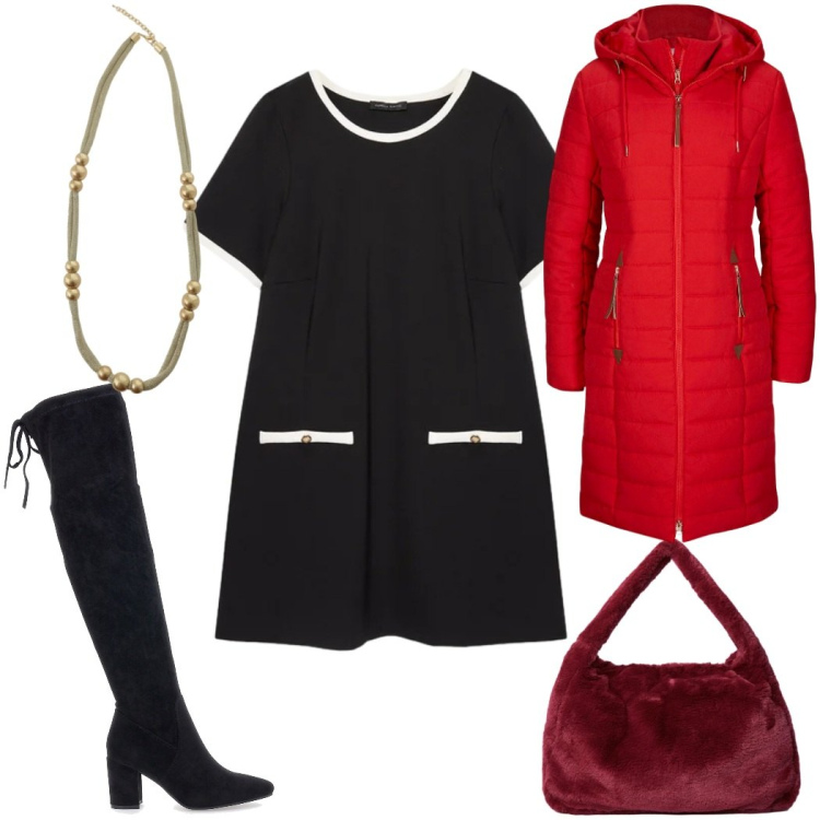 Outfit donna - Passeggiata con gli stivali : in rosso. Stile Trendy per Tutti i giorni. Abbinamento con blazer, collane, vestiti corti, stivali sopra il ginocchio, borse a spalla.