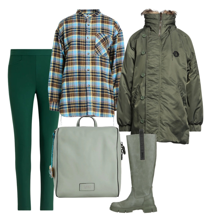 Outfit donna - Weekend. Stile Casual per Tutti i giorni. Abbinamento con camicie, parka, stivali, zaini, pantaloni.