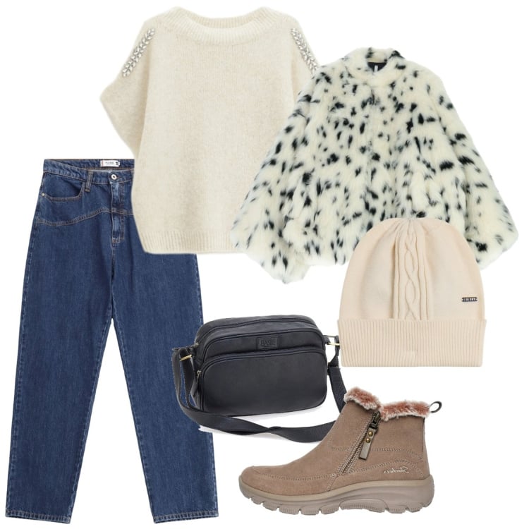 Outfit donna - Gennaio. Stile Bon Ton per Tutti i giorni. Abbinamento con jeans, ecopellicce, maglieria, berretti, stivaletti, borse a tracolla.