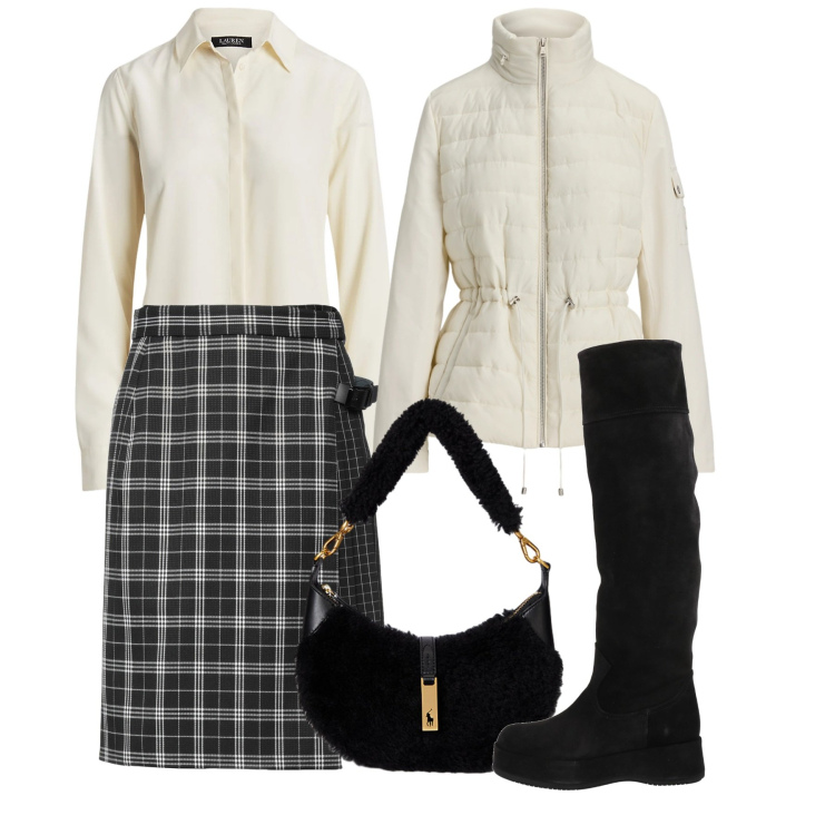 Outfit donna - Gennaio. Stile Bon Ton per Ufficio. Abbinamento con minigonne, stivali, camicie, borse a spalla, giacche.