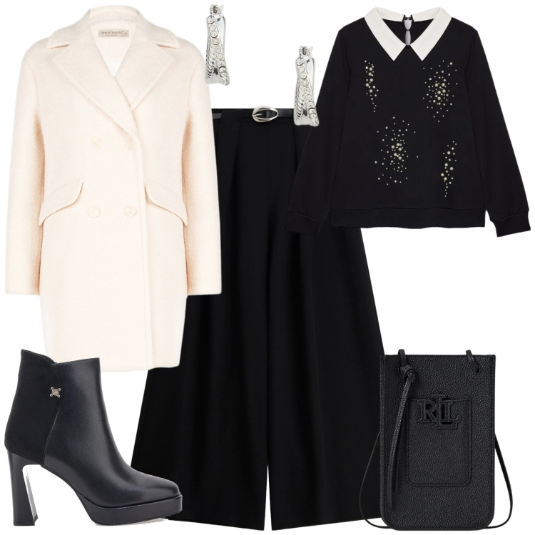 Outfit donna - Chic evento serata speciale. Stile Chic per Serata fuori. Abbinamento con pantaloni a palazzo, cappotti, orecchini, borse a tracolla, stivaletti, felpe.