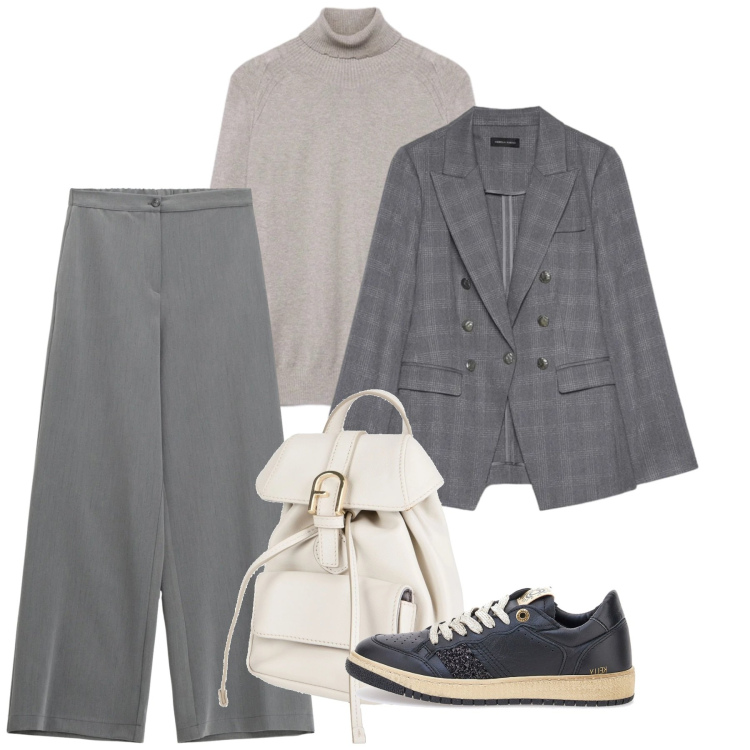 Outfit donna - Gennaio. Stile Casual per Tutti i giorni. Abbinamento con zaini, pantaloni a palazzo, blazer, sneakers, maglieria.
