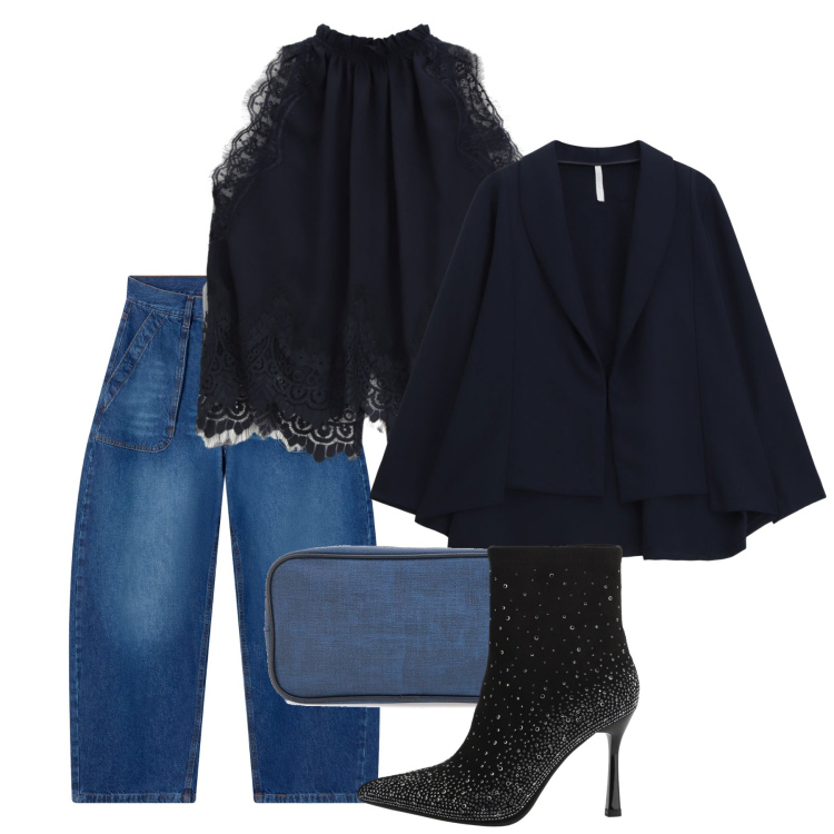Outfit donna - Gennaio blu. Stile Casual chic per Serata fuori. Abbinamento con jeans, bluse, blazer, stivaletti, valigie.