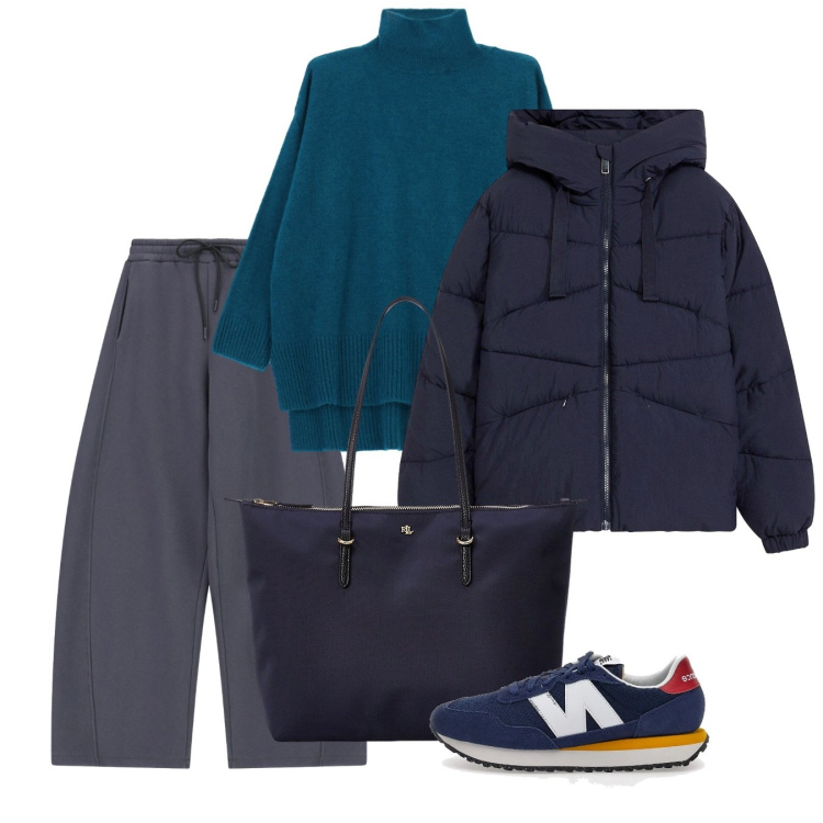 Outfit donna - Every day. Stile Basic per Tutti i giorni. Abbinamento con giacche, pantaloni a palazzo, maglieria, borse tote, sneakers.