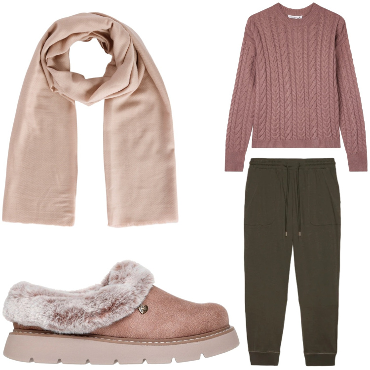 Outfit donna - Domenica di pioggia a casa. Stile Basic per Tutti i giorni. Abbinamento con foulard, maglieria, pantaloni, ciabatte.