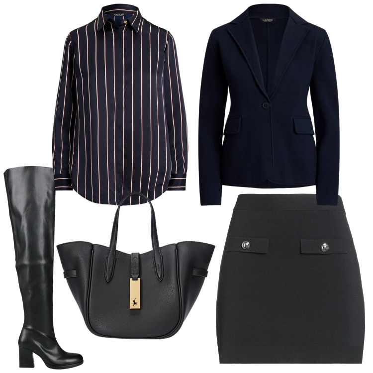 Outfit donna - Pronta. Stile Casual chic per Tutti i giorni. Abbinamento con minigonne, stivali sopra il ginocchio, camicie, borse tote, blazer.