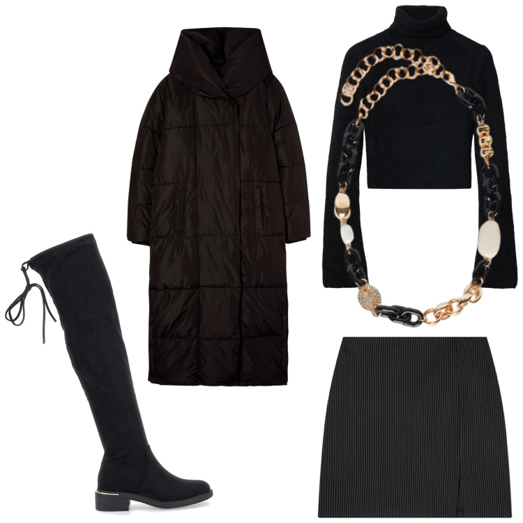 Outfit donna - Nero in gennaio. Stile Casual chic per Tutti i giorni. Abbinamento con cappotti, minigonne, maglieria, collane, stivali sopra il ginocchio.