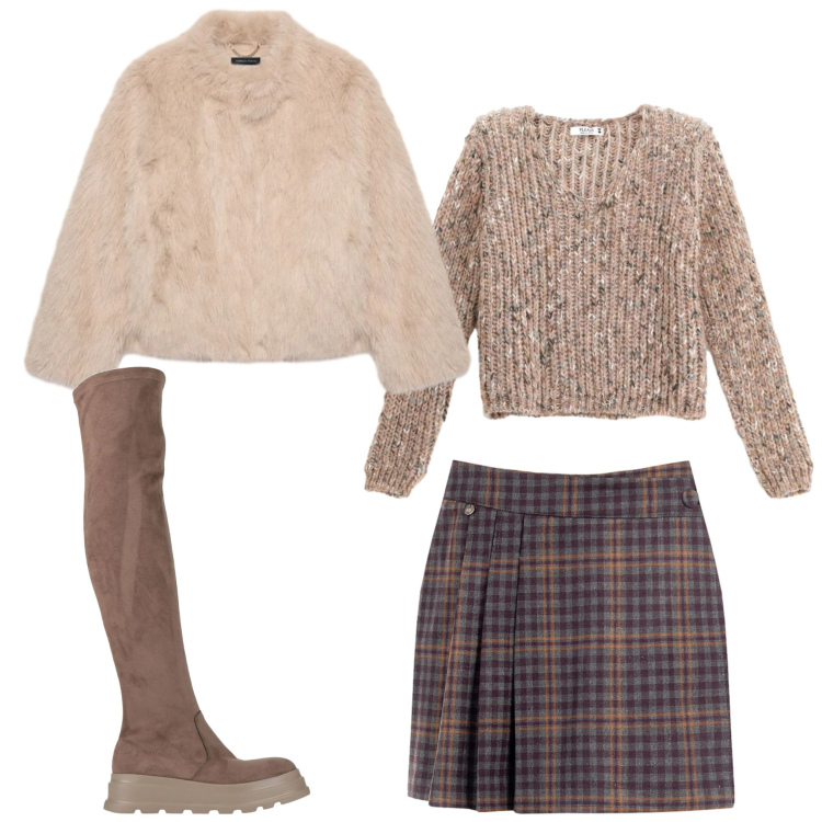 Outfit donna - Quadretti. Stile Casual chic per Tutti i giorni. Abbinamento con stivali sopra il ginocchio, maglieria, minigonne, ecopellicce.