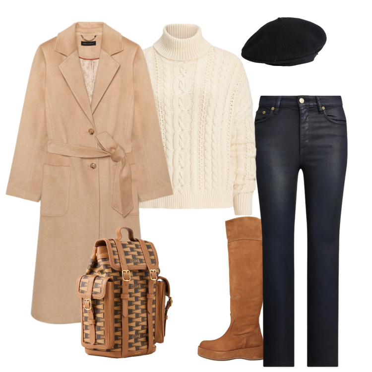 Outfit donna - Passeggiata autunnale tra i vicoli. Stile Urban per Tutti i giorni. Abbinamento con stivali, zaini, cappelli e berretti, jeans dritti, maglieria, cappotti.