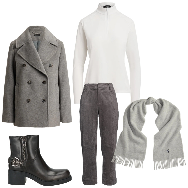 Outfit donna - Serata mannish. Stile Casual chic per Serata fuori. Abbinamento con pantaloni, stivaletti, pullovers, sciarpe, cappotti.