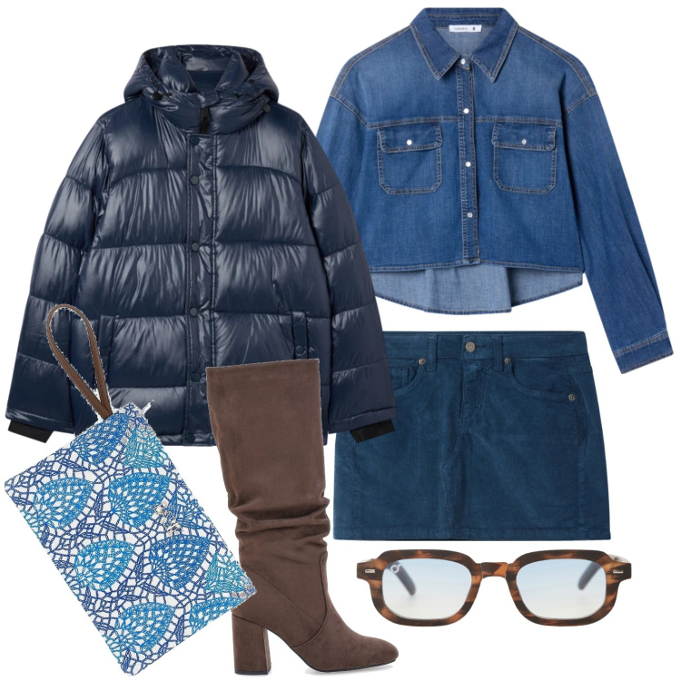Outfit donna - Gennaio in denim. Stile Basic per Scuola/Università. Abbinamento con minigonne, camicie, bomber, occhiali da sole, pochette, stivali sopra il ginocchio.