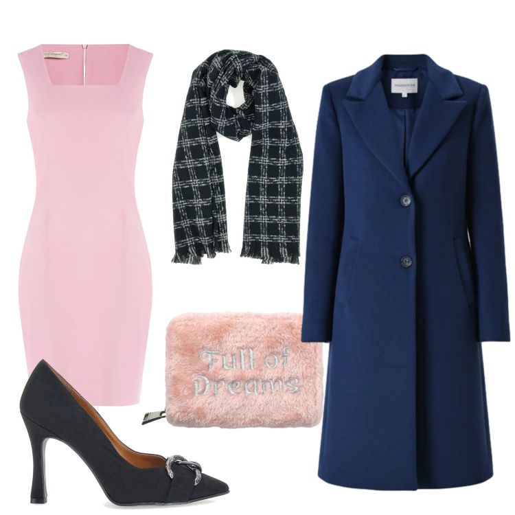 Outfit donna - Il tubino rosa confetto. Stile Glamour per Ufficio. Abbinamento con portafogli, vestiti a tubino, cappotti, décolleté, sciarpe.