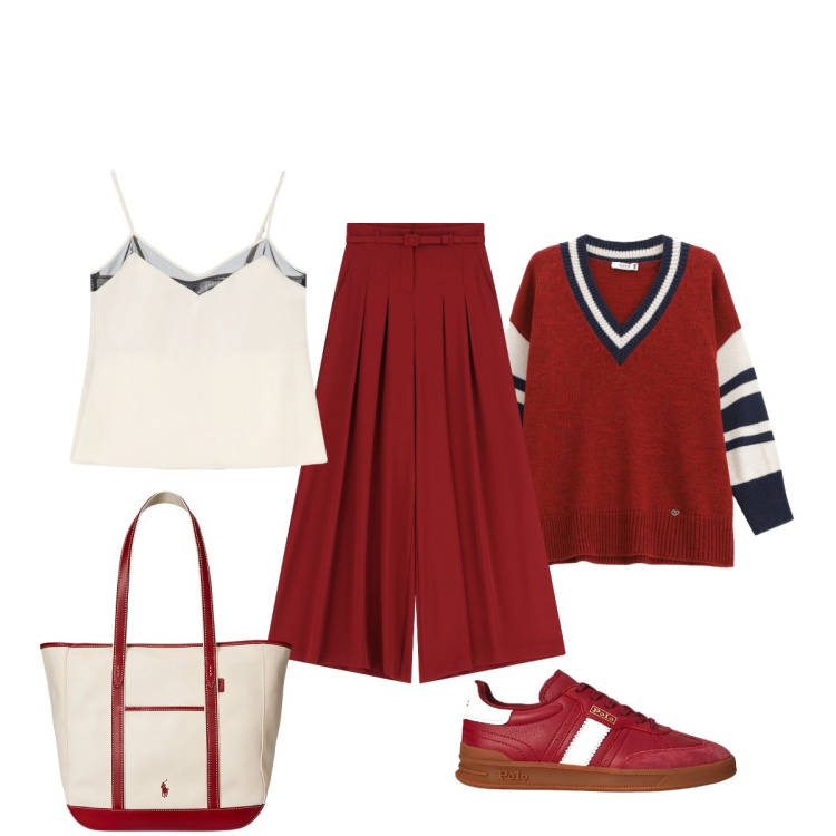 Outfit donna - Oggi… rosso. Stile Casual chic per Ufficio. Abbinamento con pantaloni a palazzo, top, maglieria, borse tote, sneakers.