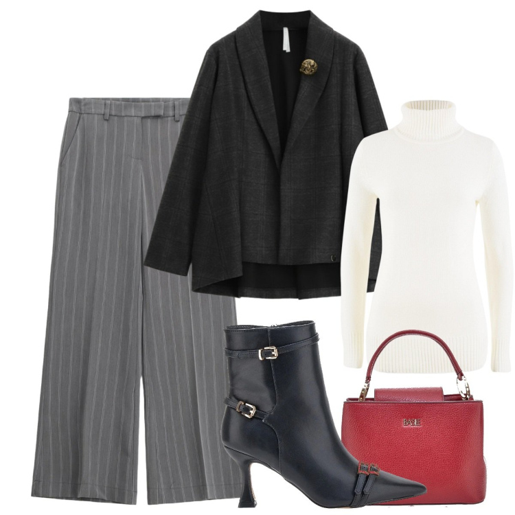 Outfit donna - Total look #2321464. Stile Mannish per Ufficio. Abbinamento con maglieria, pantaloni a palazzo, blazer, stivaletti, borse a mano.