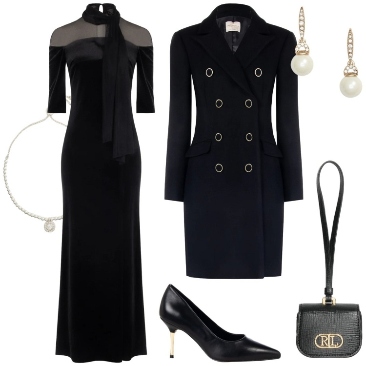 Outfit donna - Serata elegante in lana e velluto-curvy. Stile Chic per Serata fuori. Abbinamento con orecchini, braccialetti, pochette, vestiti lunghi, décolleté, cappotti.