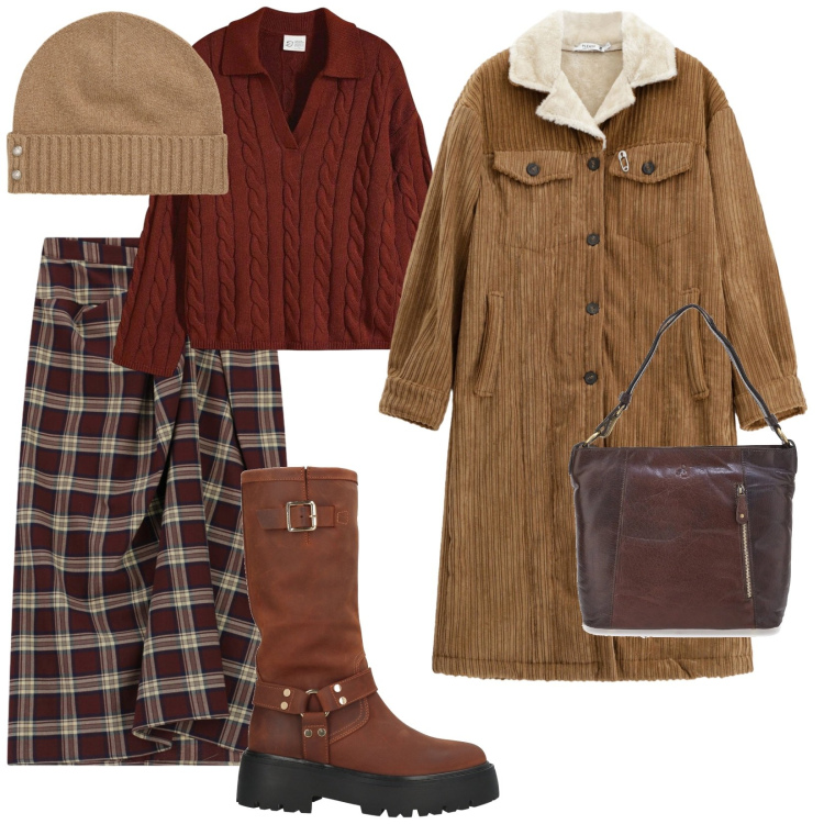 Outfit donna - Freddo celtico. per Tutti i giorni. Abbinamento con maglieria, stivali, cappotti, gonne longuette, berretti, borse a spalla.