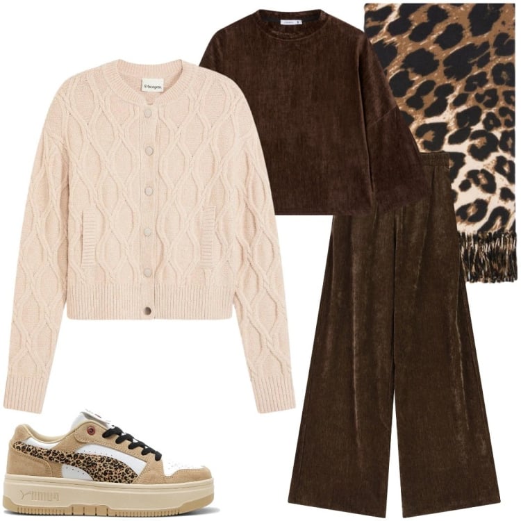 Outfit donna - Minimal cozy. Stile Minimal per Tutti i giorni. Abbinamento con cardigans, maglieria, pantaloni, sneakers, sciarpe.