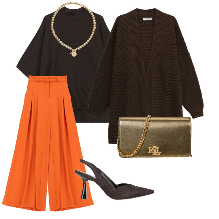 Outfit donna - Festa da amici. per Serata fuori. Abbinamento con décolleté, pantaloni a palazzo, maglieria, cardigans, collane, borse a mano.